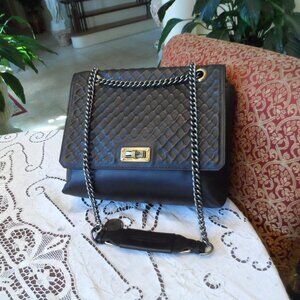 Lanvin Black Quilted/Smooth Leather Shoulder Bag w/ Gunmetal Chain Detail